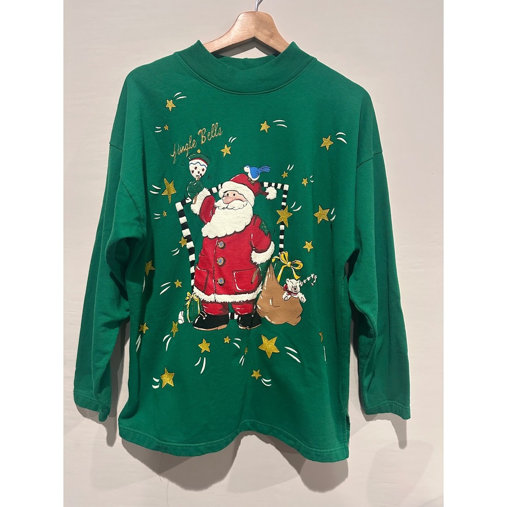 Holiday Time Green Santa Jingle Bells Christmas Sweatshirt Mock Neck Large